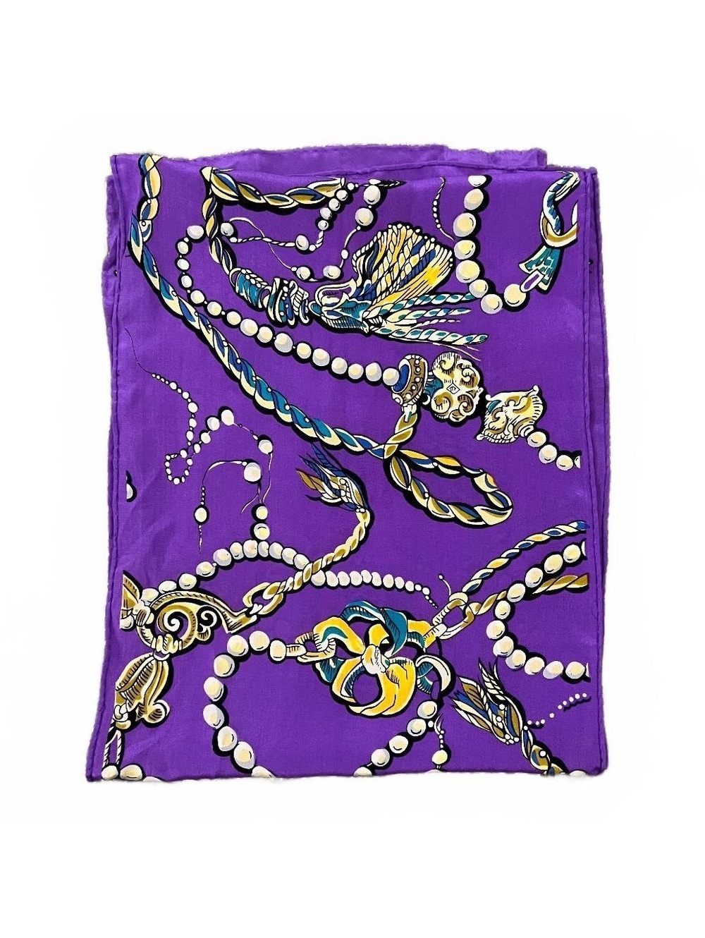 Vintage Honey 100% Silk Purple Vibrant Pearl Jewelry Pattern Neck Scarf